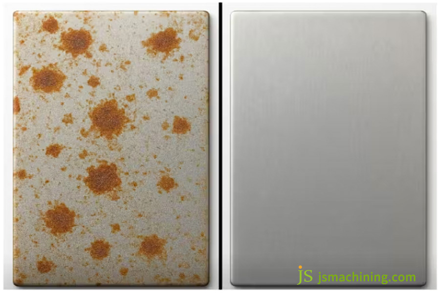 A side by side comparison of 304 and 316 stainless steel in a salt spray test
